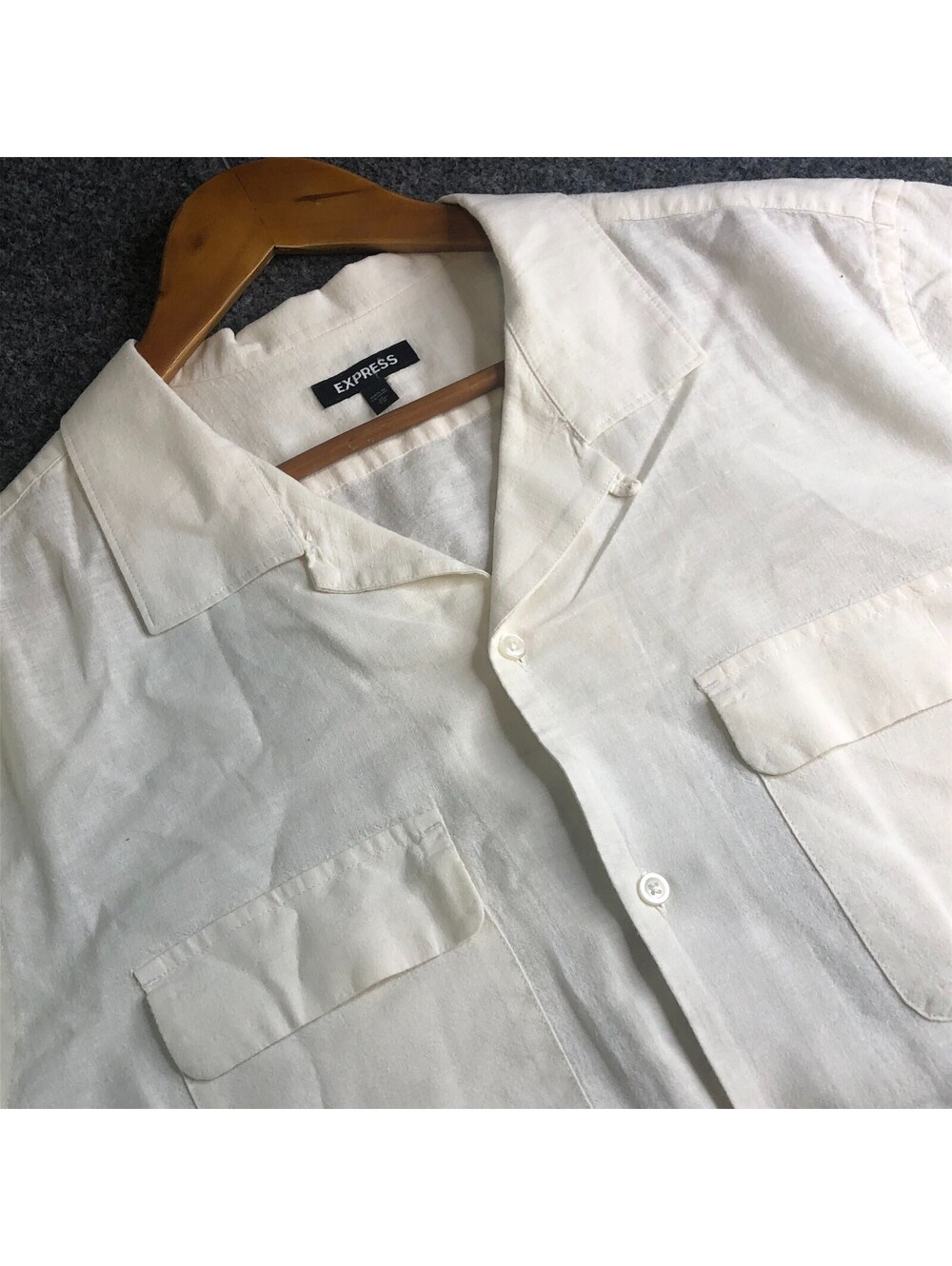 Express Shirt Mens Extra Large Ivory White Loop Camp Collar Linen Cotton Blend